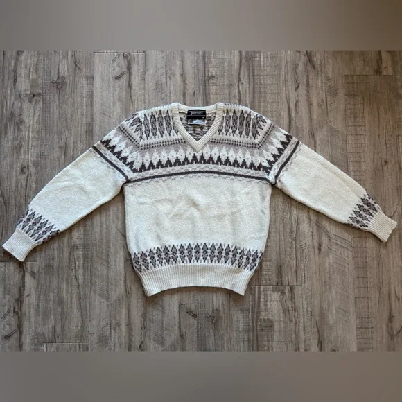 Jantzen pure new wool V-Neck Sweater Cream and Brown fair isle nordic winter - Picture 2 of 8